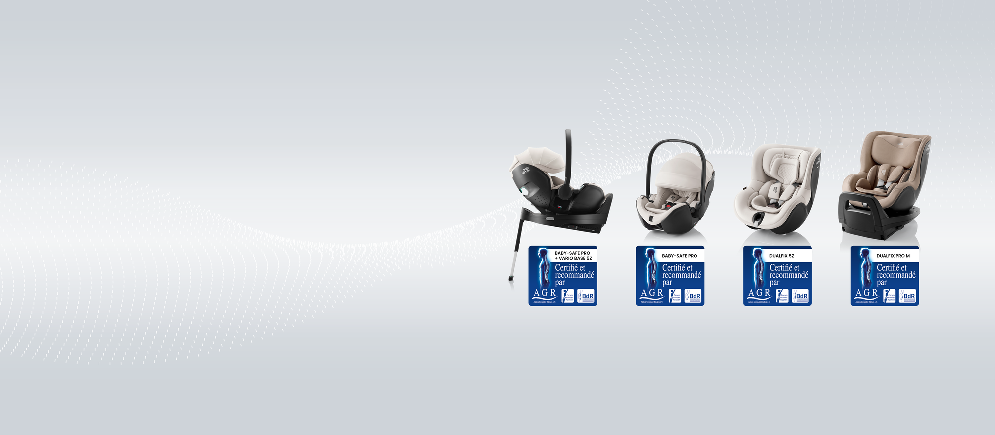 Aktion Gesunder R&uuml;cken e.V. (AGR)-certified baby and child car seats designed for back-friendly ergonomics, shown with multiple seat models and the AGR certification logo.
